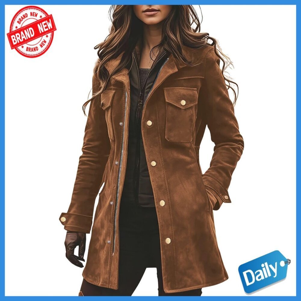 Women's Faux Suede Leather Jacket Zip Up Military Utility Safari Shacket Midi